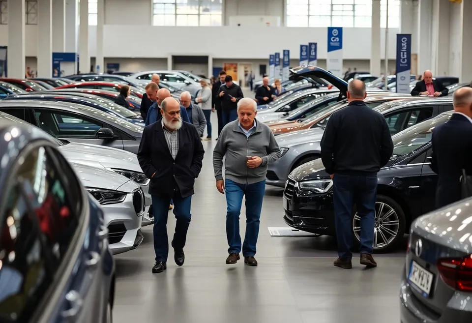 Zwiedzający przy stoiskach w hali targów motoryzacyjnych