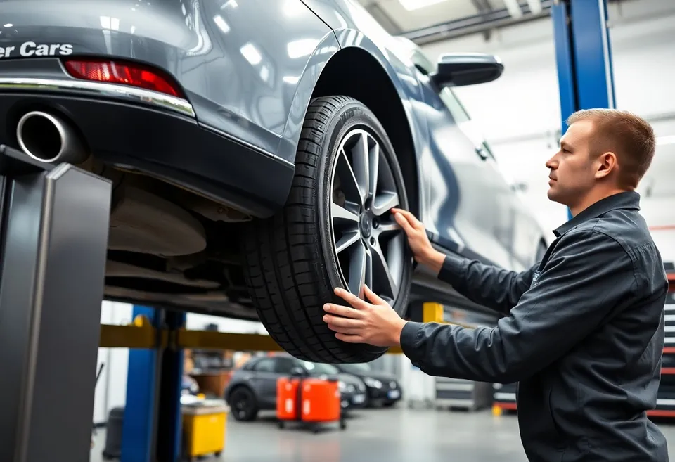 Auto na podnośniku podczas przeglądu przed zimą